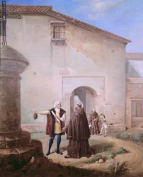 Santa Maria de la Rabidan luostarin fransiskaanilustarit antavat leipää ja vettä Christopher Columbukselle ja hänen pojalleen Diegolle, 1858